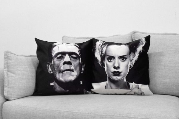 monster and the bride of frankenstein – set of 2 – 18″ velveteen pillow case –  his and hers – black background