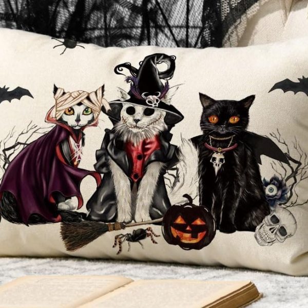 Halloween Pillow Cover, Spooky Cat Throw Pillow Cover, Halloween Decoration, Lumbar Pillow Cover, Haunted Farmhouse Decor, 12×20 Pillow