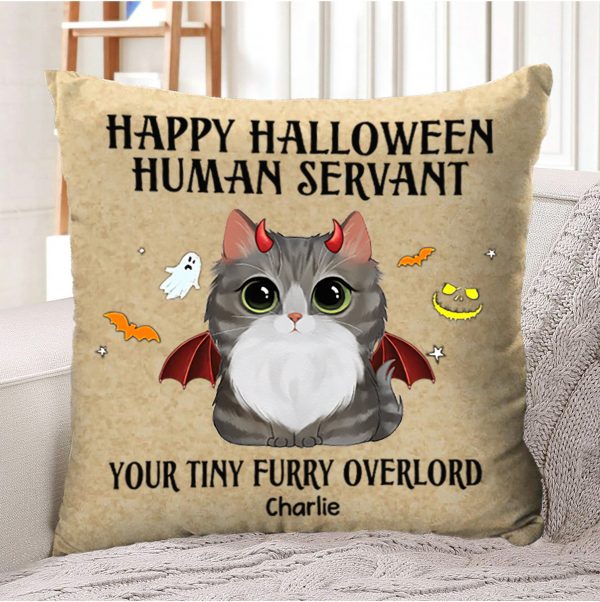 Personalized Happy Halloween Pillow, Halloween Cat Pillow, Halloween Pillow, Black Cat Pillow, Human Servant Cat Pillow